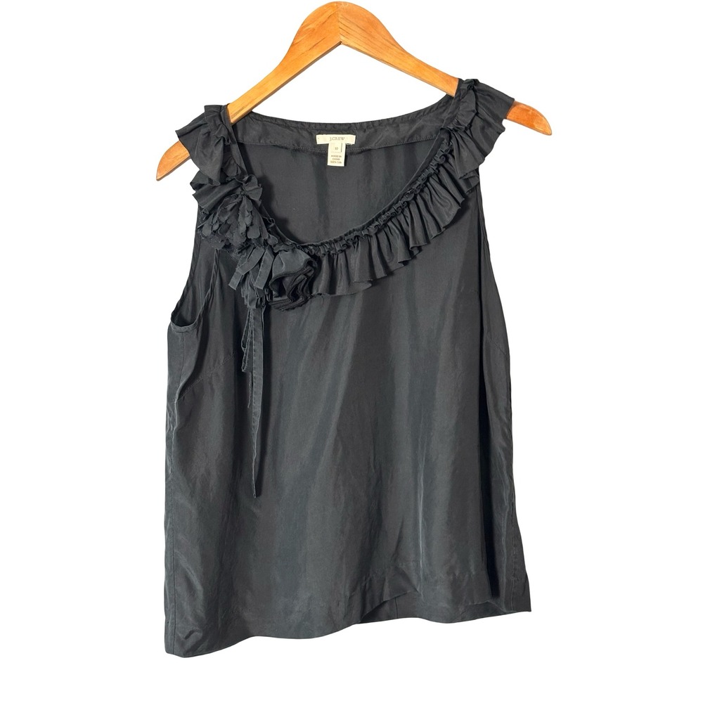 J.Crew Ruffle Rosette Silk Tank Top Size 10 Black Sleeveless Blouse 100% Silk